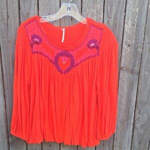 Free People Red Long Sleeve Embroidered Peasant Top